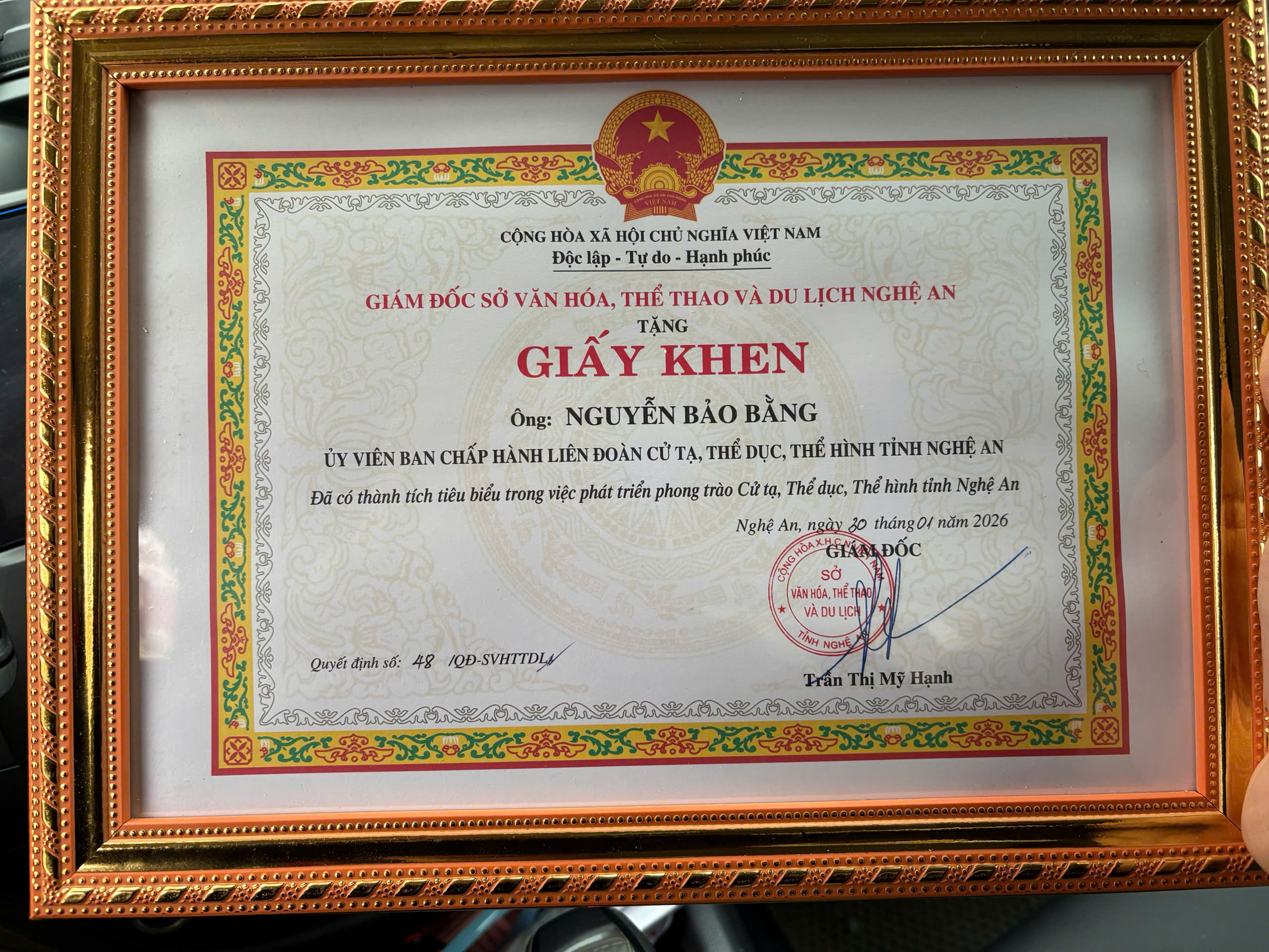 Giấy khen của Giám đốc Sở Văn hóa, Thể thao và Du lịch Nghệ An tặng ông Nguyễn Bảo Bằng, Quyết định số 48 ngày 30 tháng 01 năm 2026