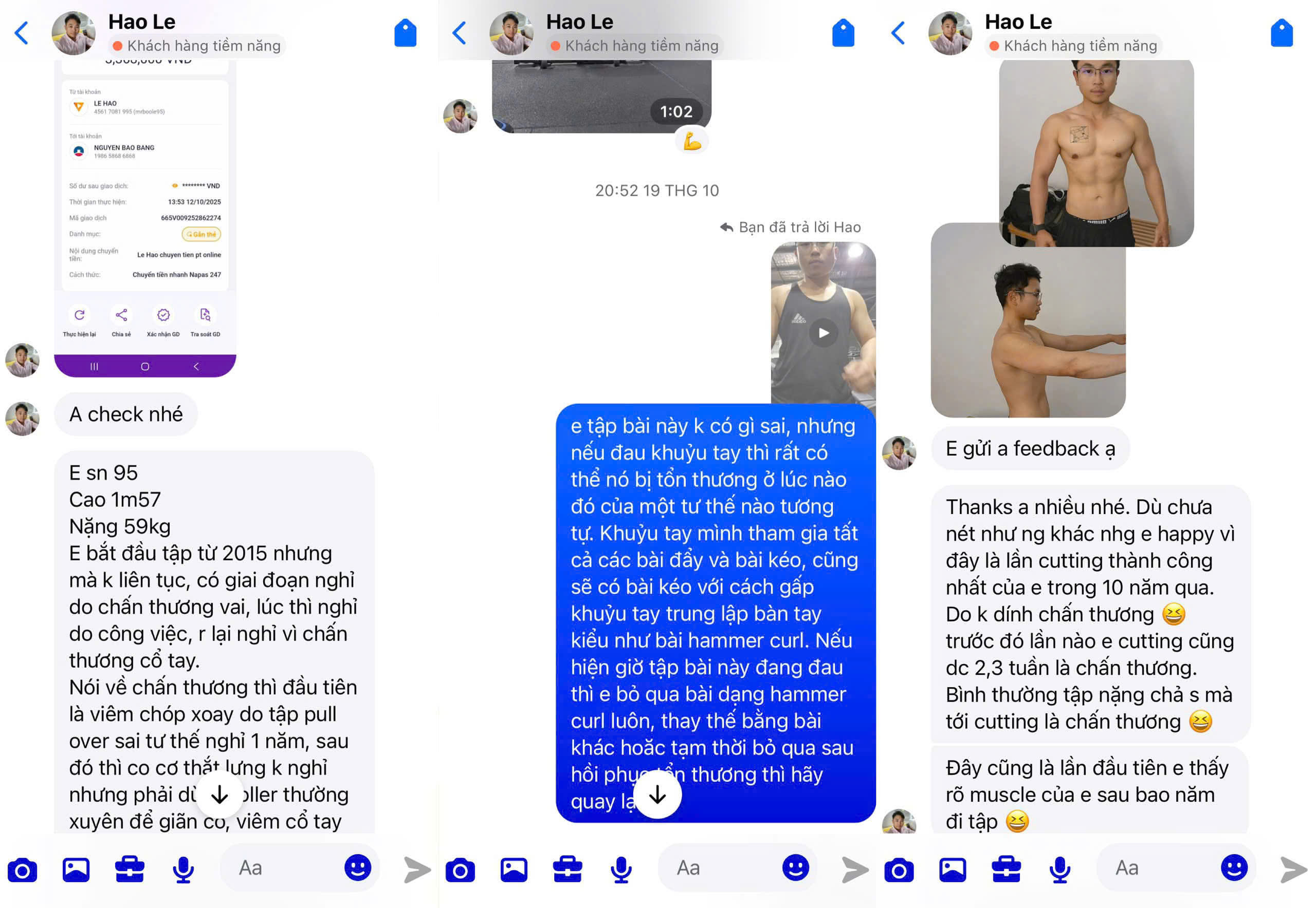 Tin nhắn phản hồi của học viên Hao Le về khóa PT Online của Nguyễn Bảo Bằng