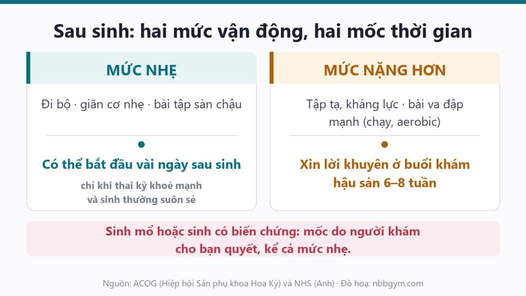 Sau sinh bao lâu thì tập gym được: mức nhẹ có thể bắt đầu vài ngày sau sinh nếu sinh thường và thai kỳ khoẻ mạnh, tập tạ chờ buổi khám hậu sản 6-8 tuần