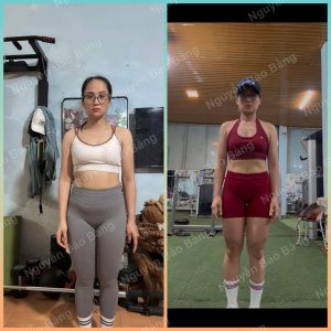 Cân không giảm nhưng người gọn hơn: chuyện gì đang xảy ra? Ảnh ghép chính diện học viên Nguyễn Hậu: bên trái ngày 09/04/2026 nặng 59,5 kg, bên phải ngày 08/07/2026 nặng 55,5 kg sau ba tháng tập luyện