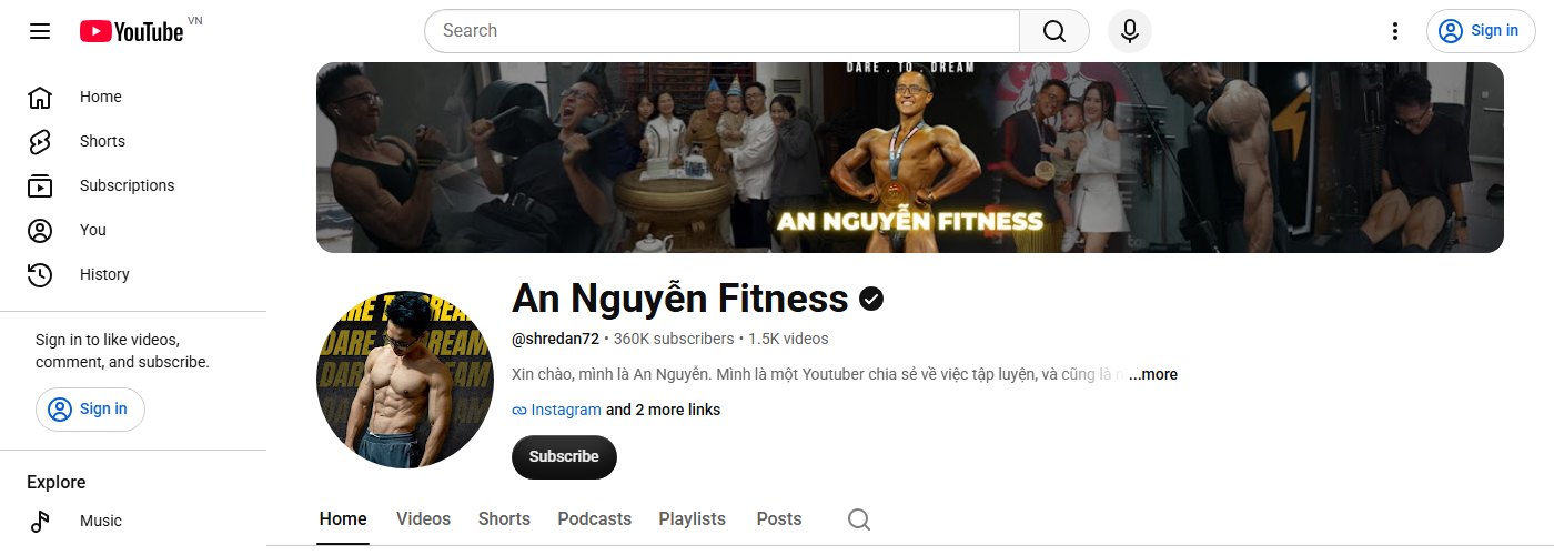 Trang kênh YouTube An Nguyễn Fitness chụp ngày 09/08/2026, hiển thị 360 nghìn người đăng ký