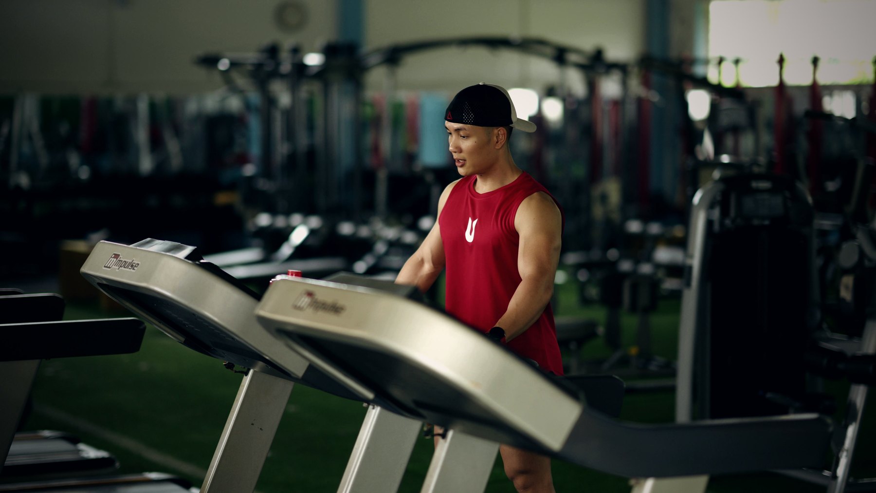 Khu máy tập của một phòng gym với giàn thiết bị và máy chạy bộ