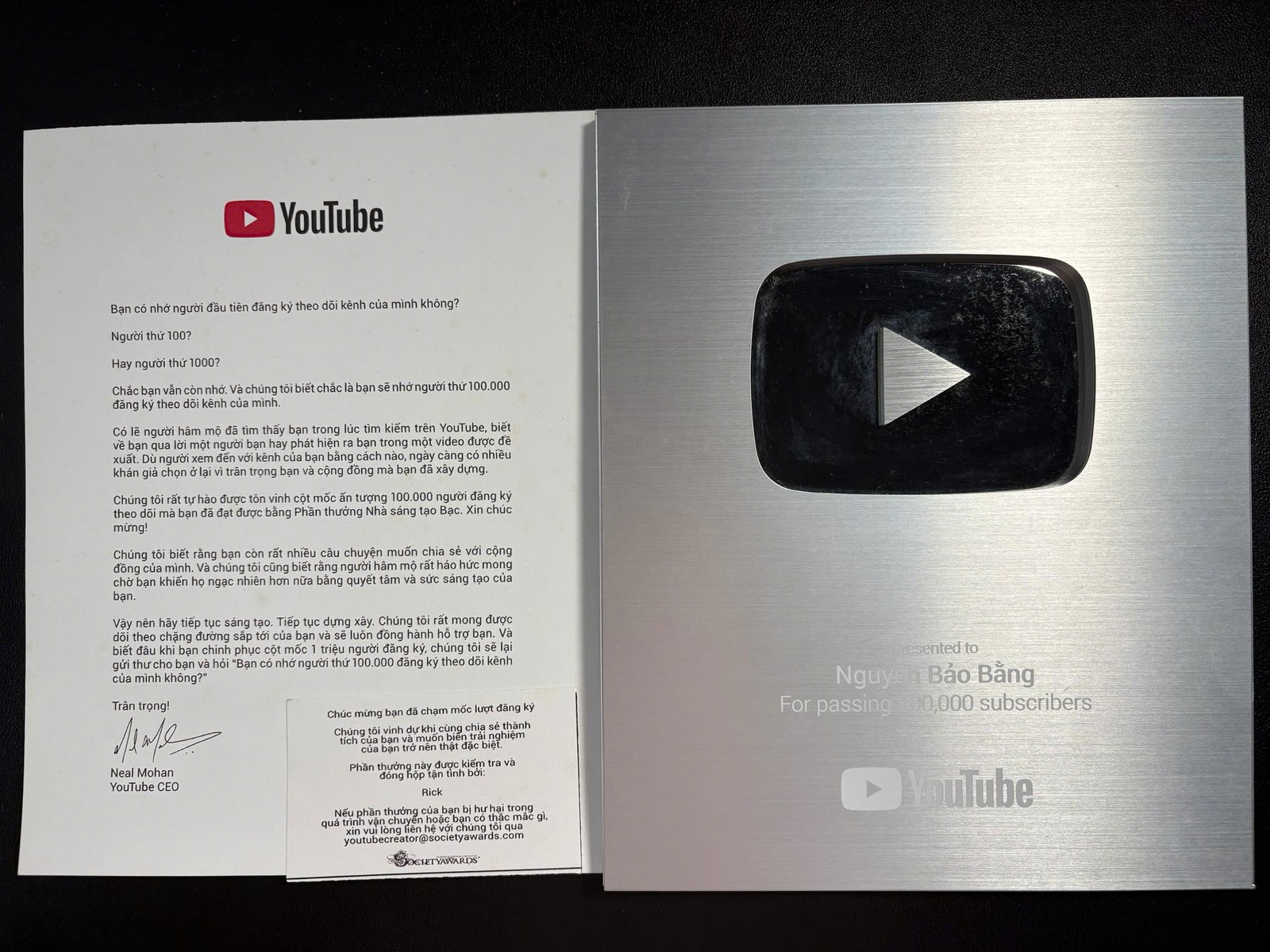 Nút bạc YouTube 100K của kênh Nguyễn Bảo Bằng