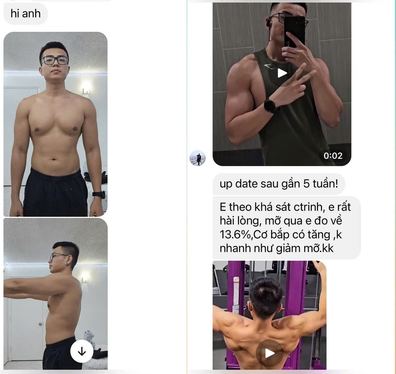 Ảnh trước và sau của học viên PT Online sau gần 5 tuần, kèm tin nhắn báo kết quả