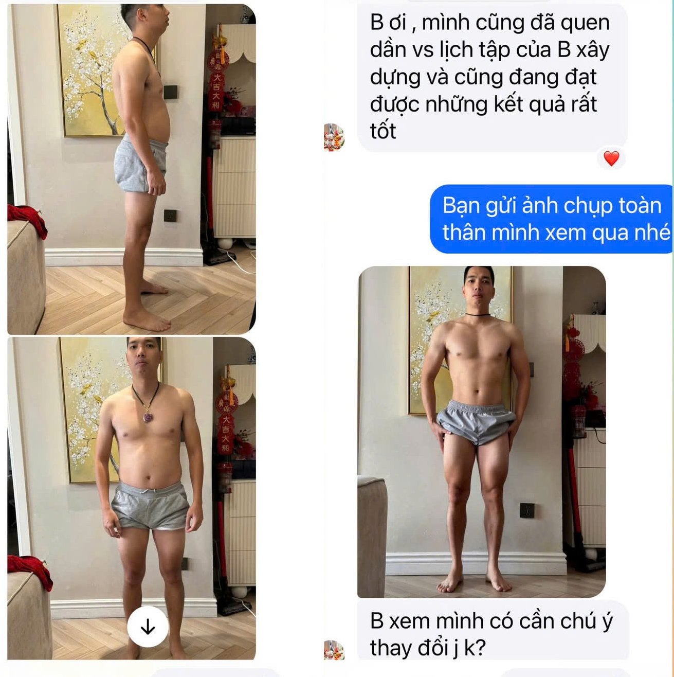 Ảnh trước và sau của học viên PT Online 35 tuổi, kèm tin nhắn phản hồi