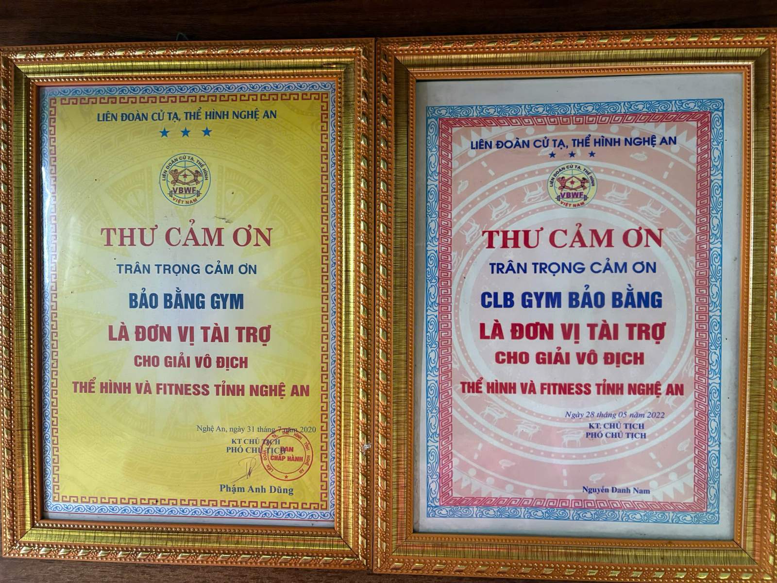 Thư cảm ơn của Liên đoàn Cử tạ, Thể hình Nghệ An gửi GYM BẢO BẰNG với tư cách đơn vị tài trợ giải