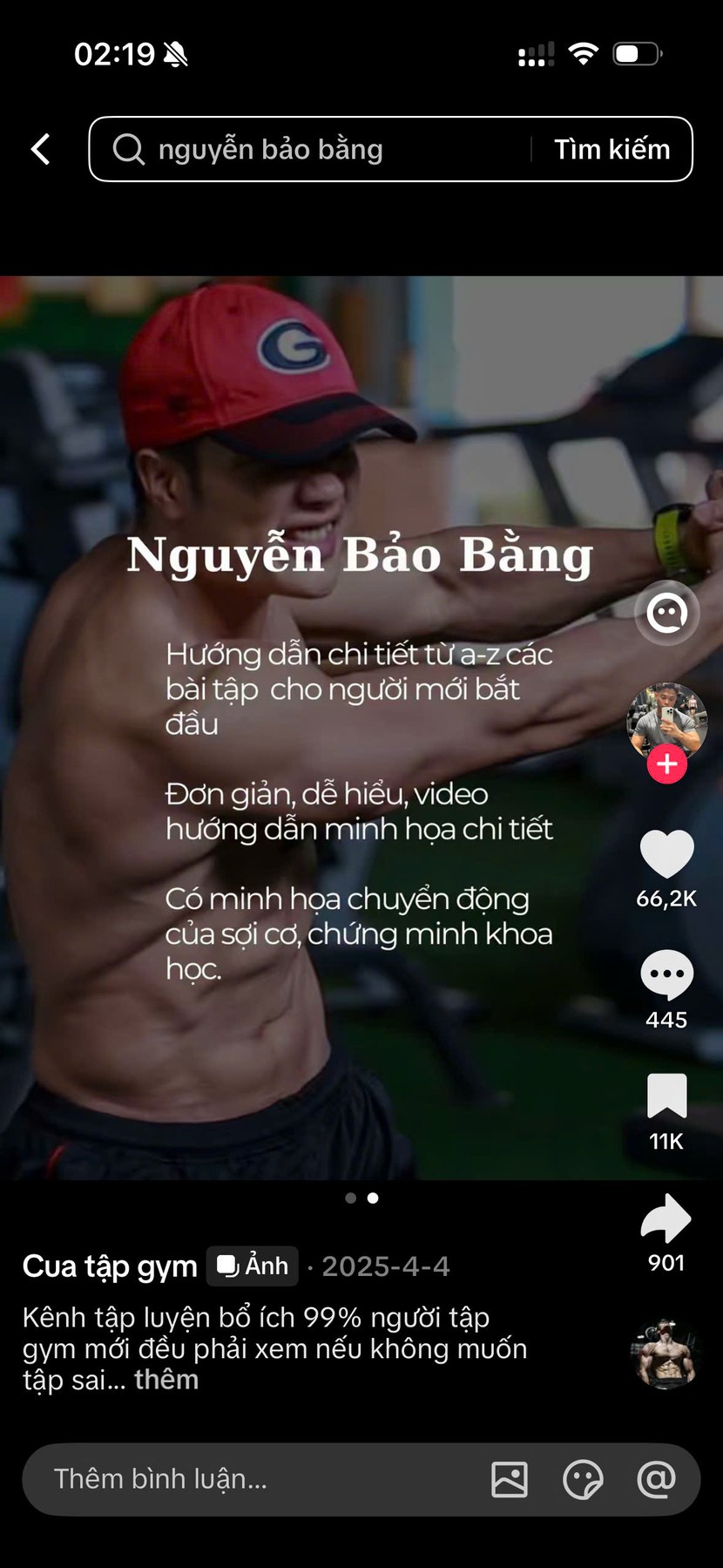 Bài của @cua.tap.gym trên TikTok đăng 04/04/2025 giới thiệu kênh Nguyễn Bảo Bằng