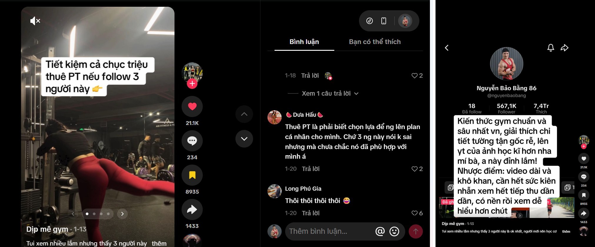 Ảnh ghép hai khung TikTok của cùng bài kênh Dịp mê gym: khung trái là bình luận của Dưa Hấu, khung phải là slide giới thiệu kênh Nguyễn Bảo Bằng 86 với 567,1 nghìn người theo dõi