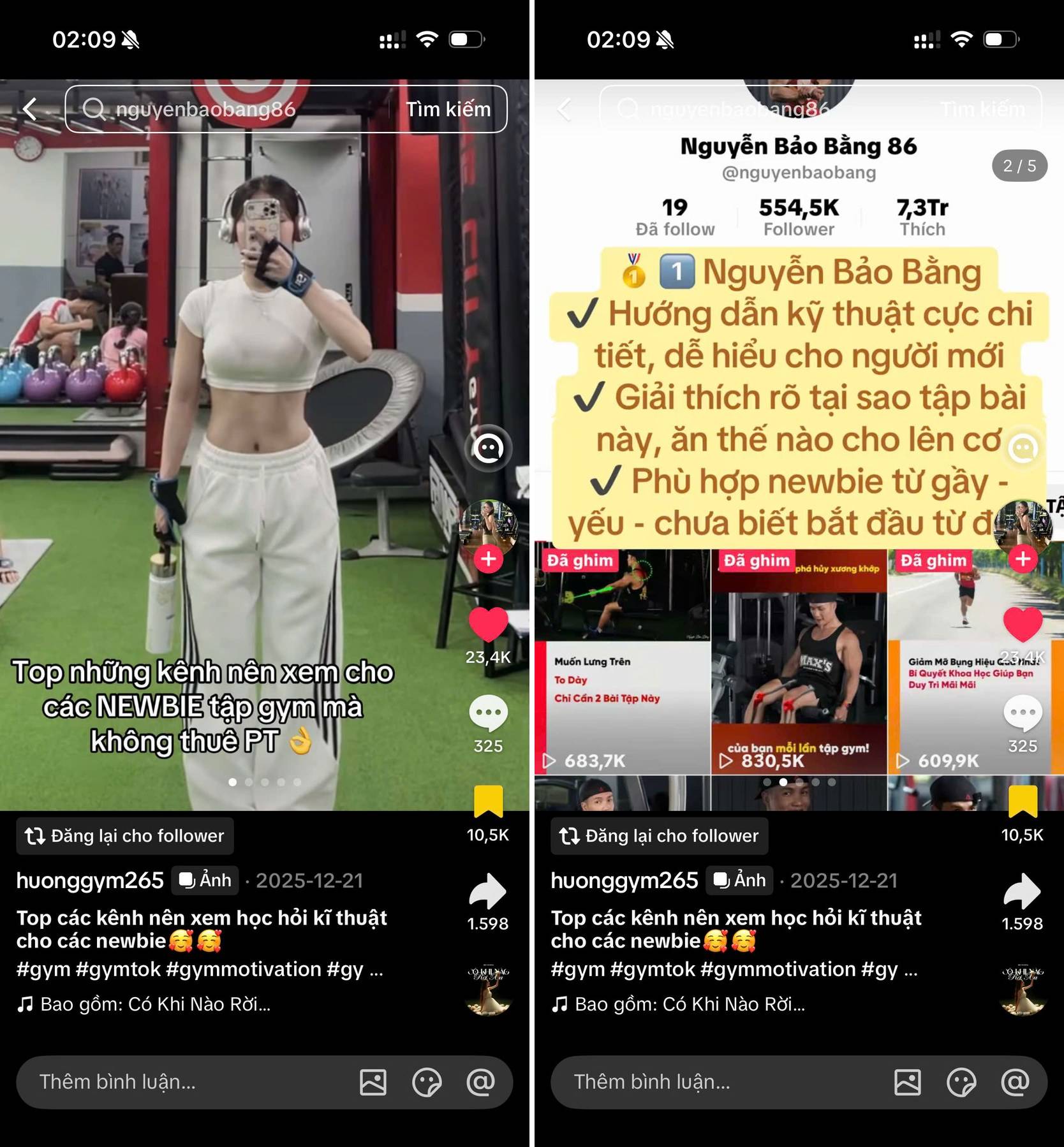 Bài xếp hạng kênh gym của @huonggym265 trên TikTok đăng 21/12/2025, xếp Nguyễn Bảo Bằng ở vị trí số 1