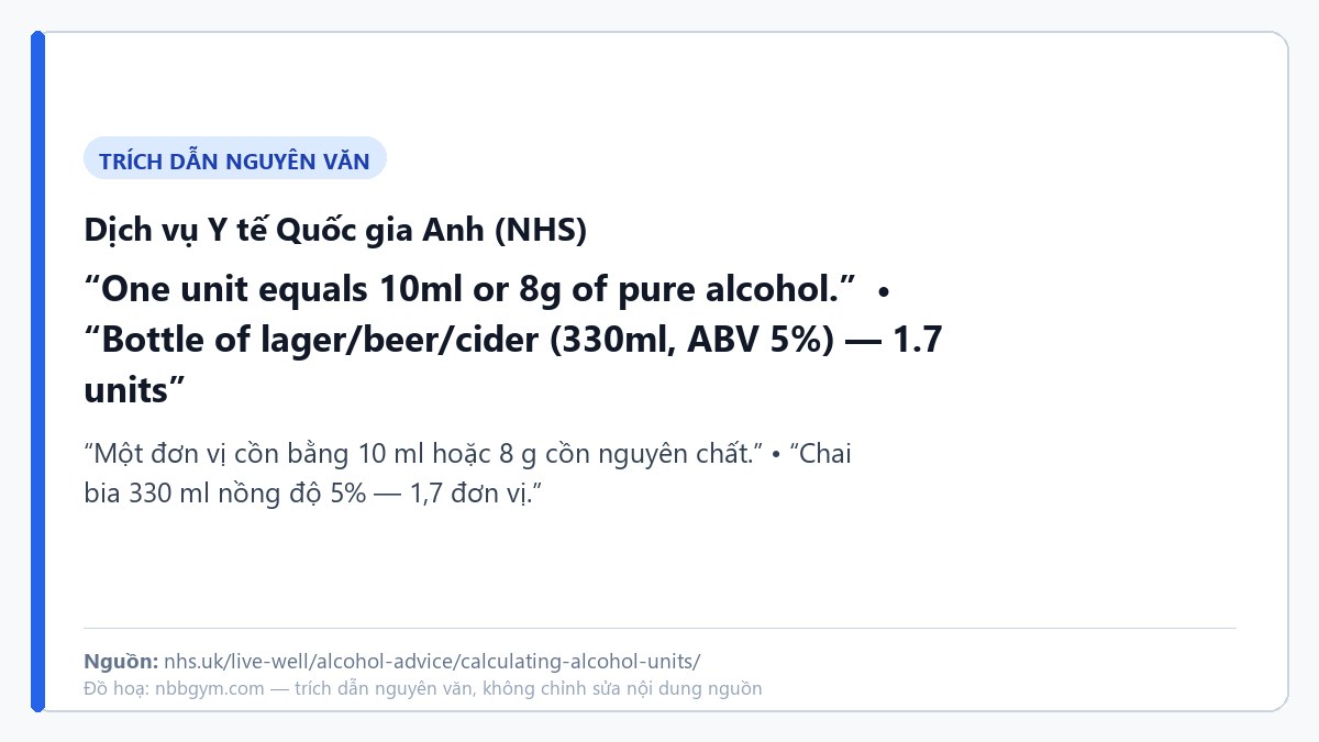 Trích dẫn NHS: một đơn vị cồn bằng 10 ml hoặc 8 g cồn nguyên chất; chai bia 330 ml nồng độ 5% bằng 1,7 đơn vị