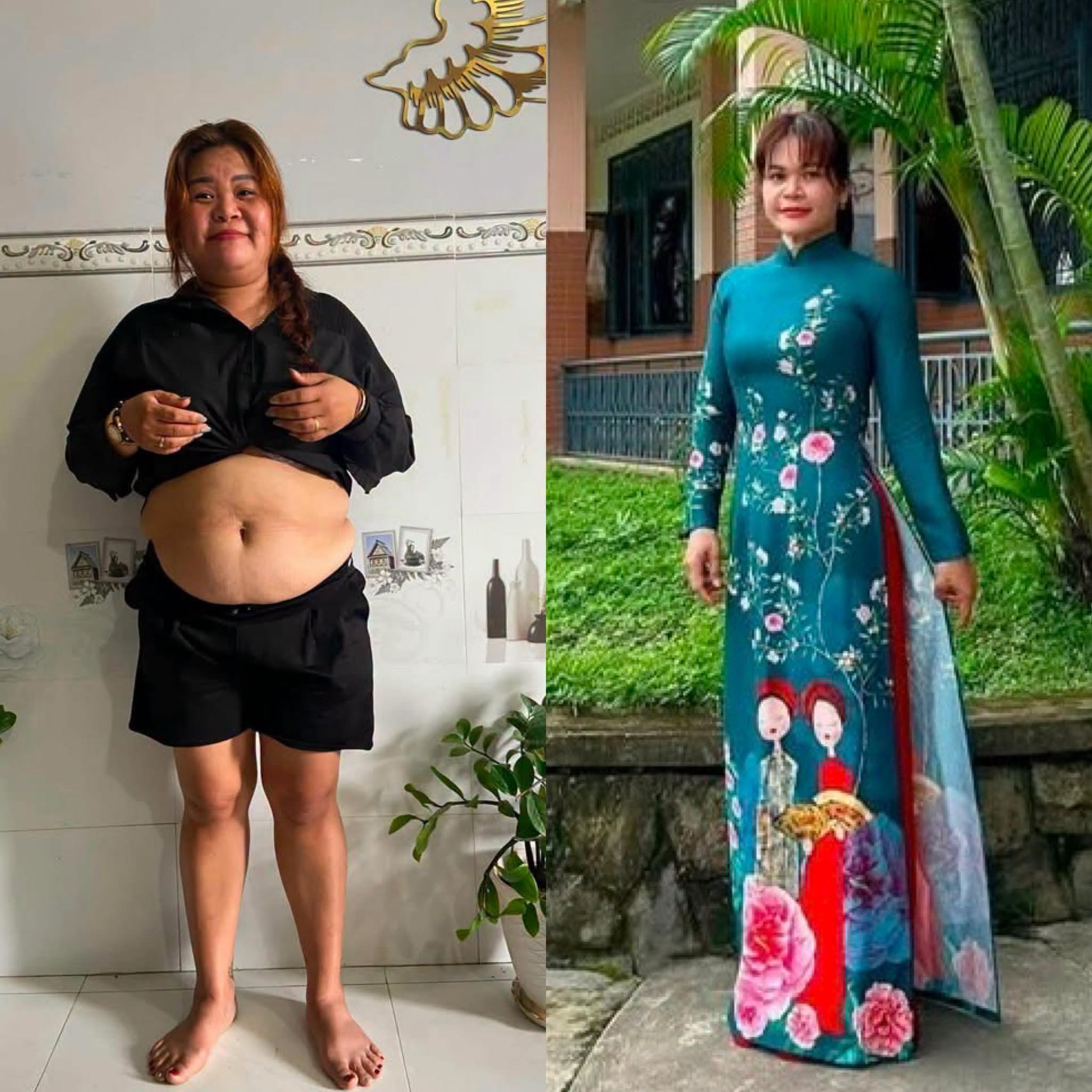 Ảnh trước và sau của chị Truyền Thương: bên trái lúc 85 kg, bên phải mặc áo dài sau khi giảm còn hơn 50 kg nhờ ăn kiêng rồi tập tạ