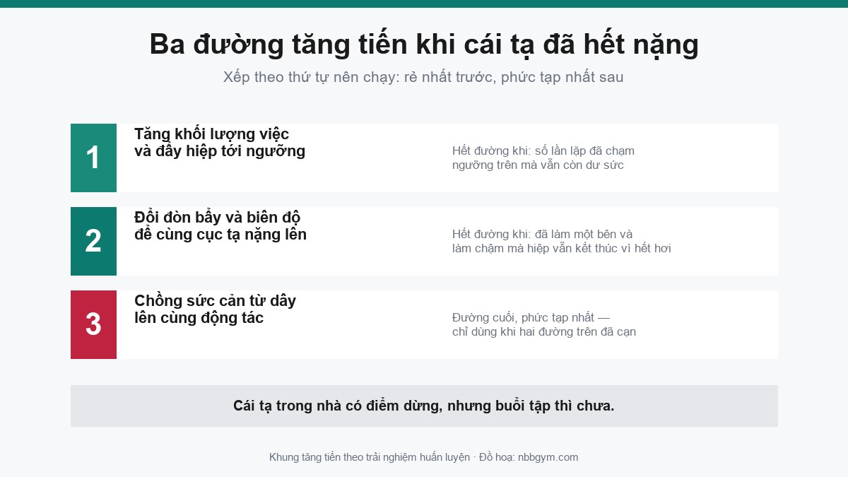 Đồ hoạ ba đường tăng tiến khi tạ đã hết nặng, kèm dấu hiệu hết đường của từng đường
