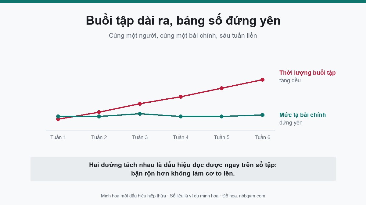 Đồ hoạ hai đường qua sáu tuần: thời lượng buổi tập tăng đều trong khi mức tạ bài chính đứng yên