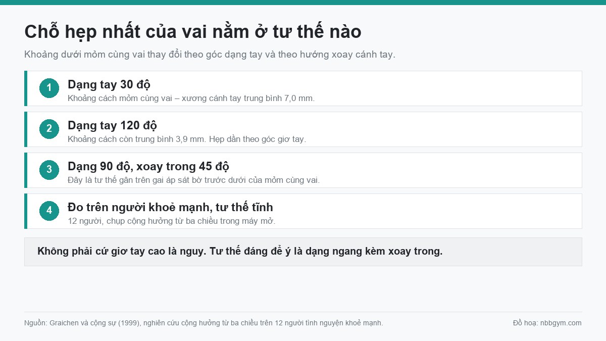 Đồ hoạ khoảng dưới mỏm cùng vai thay đổi theo góc dạng tay và hướng xoay cánh tay