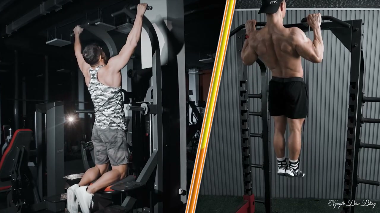 Hai khung hình cạnh nhau: Nguyễn Bảo Bằng kéo xà trên máy có hỗ trợ, và kéo xà thường