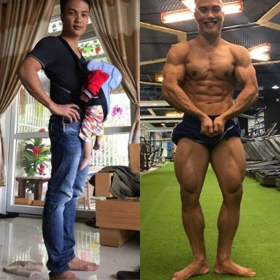 Nguyễn Bảo Bằng trước và sau 6 tháng tập: trái là năm 33 tuổi nặng 50kg đang địu con nhỏ, phải là sau 6 tháng tập luyện