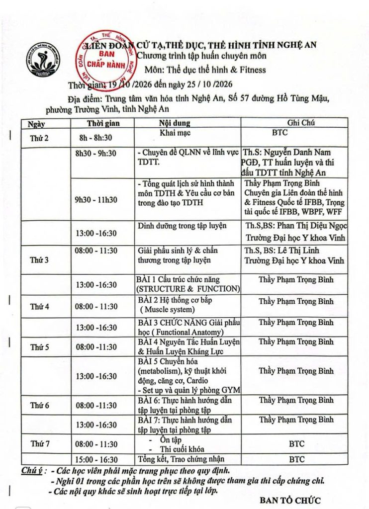 Chương trình lớp tập huấn chuyên môn Thể dục thể hình & Fitness Nghệ An từ 19/10 đến 25/10/2026