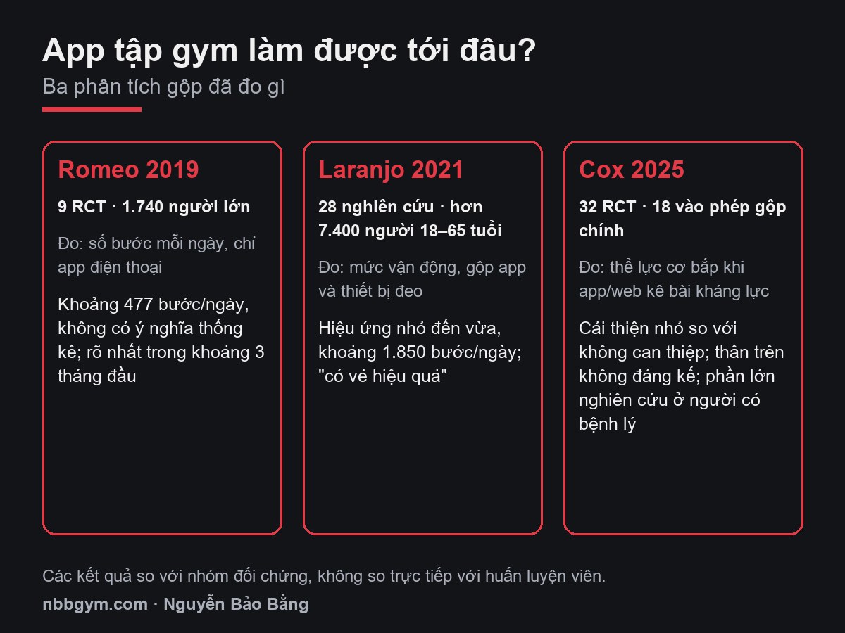 Đồ hoạ ba phân tích gộp về app tập luyện và những gì mỗi nghiên cứu đo