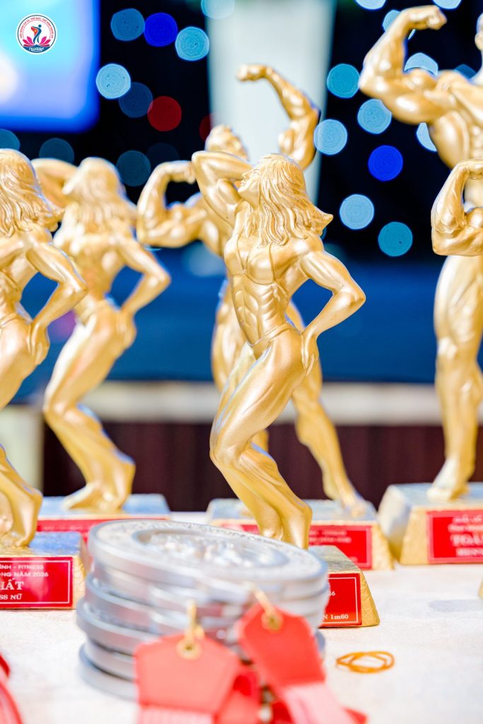 Cúp tượng lực sĩ và huy chương của giải thể hình Nghệ An 2026