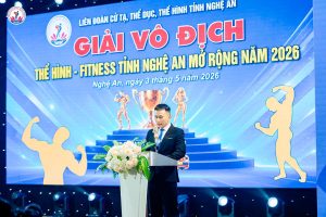 Ông Nguyễn Song Hào, Chủ tịch Liên đoàn Cử tạ, Thể dục, Thể hình tỉnh Nghệ An, phát biểu tại lễ khai mạc giải thể hình Nghệ An 2026