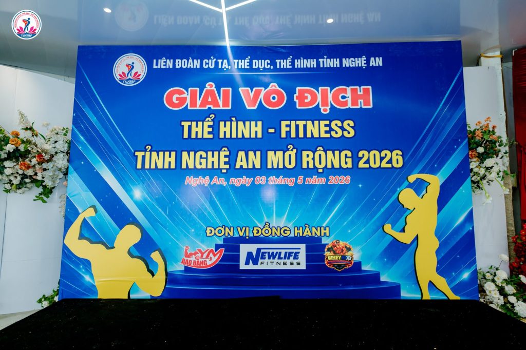 Phông ở sảnh Giải vô địch Thể hình – Fitness tỉnh Nghệ An mở rộng năm 2026 với dòng Đơn vị đồng hành
