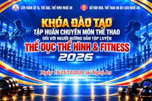 Banner lớp tập huấn thể hình Nghệ An 2026 của Liên đoàn Cử tạ, Thể dục, Thể hình Nghệ An và Sở Văn hóa, Thể thao và Du lịch Nghệ An