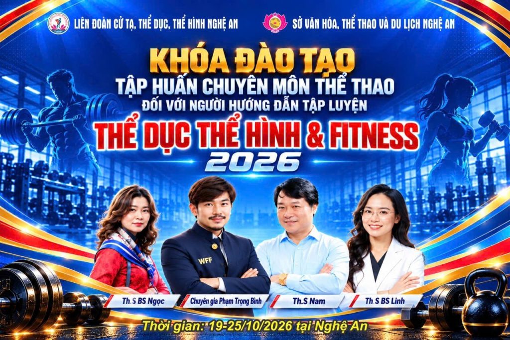 Banner giới thiệu bốn giảng viên lớp tập huấn thể hình Nghệ An 2026