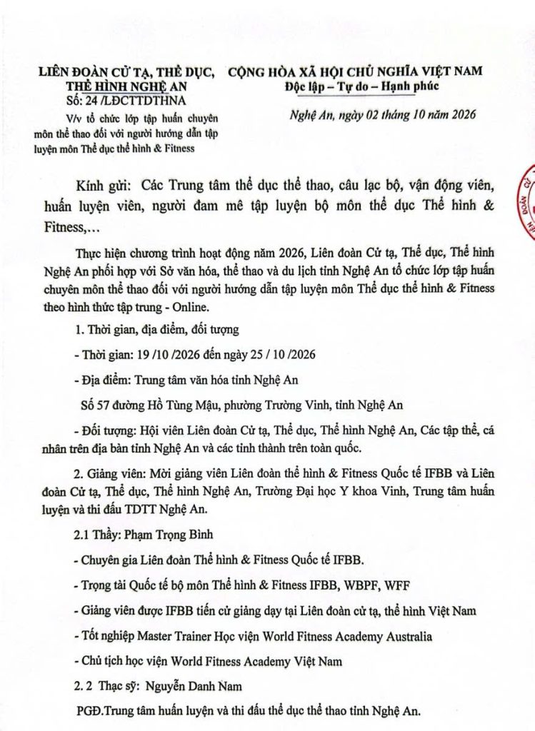 Trang 1 thông báo số 24/LĐCTTDTHNA ngày 02/10/2026 của Liên đoàn Cử tạ, Thể dục, Thể hình Nghệ An về lớp tập huấn thể hình 2026