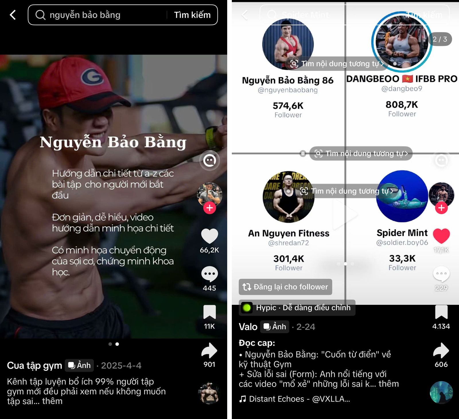 Ảnh chụp hai bài TikTok của @cua.tap.gym và Valo nhắc tới kênh Nguyễn Bảo Bằng