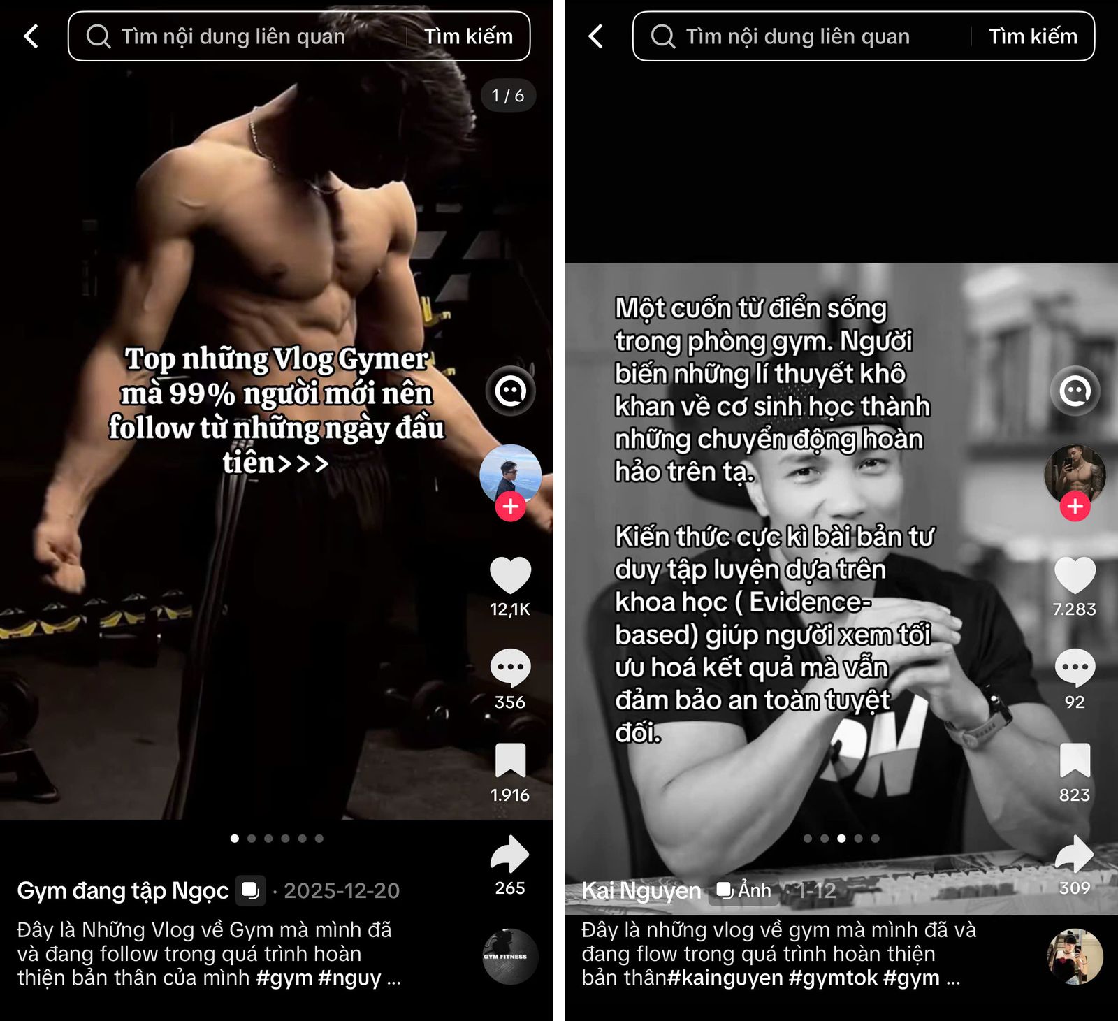 Ảnh chụp hai bài TikTok của Gym đang tập Ngọc và Kai Nguyen có caption gần như y hệt