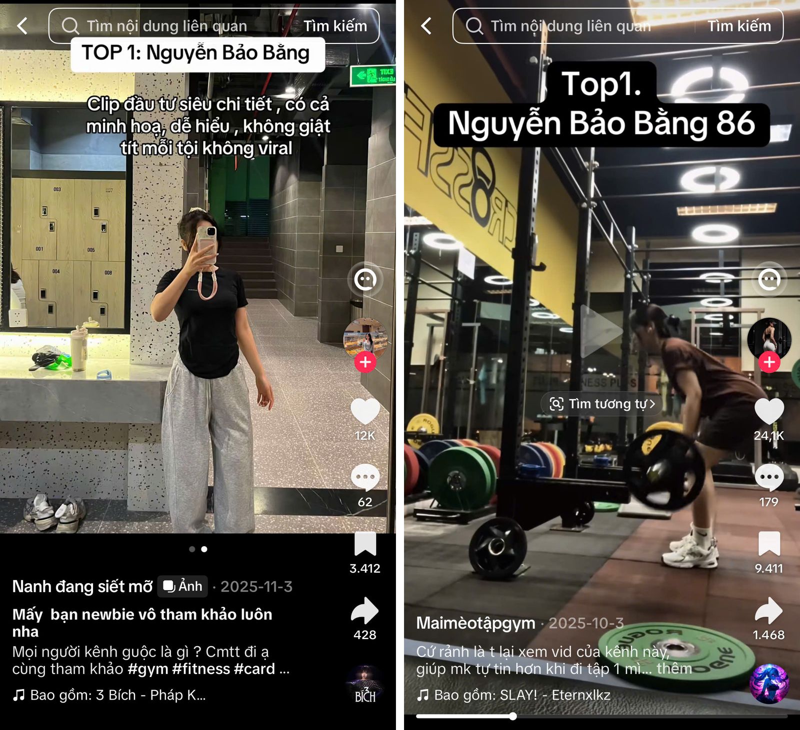 Ảnh chụp hai bài TikTok của Nanh đang siết mỡ và Maimèotậpgym ghi Top 1 Nguyễn Bảo Bằng