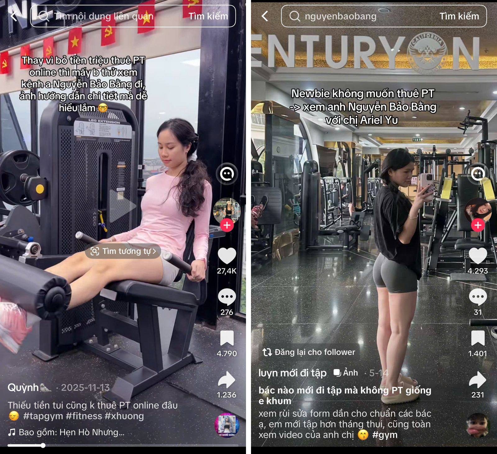 Ảnh chụp hai bài TikTok của Quỳnh và luyn mới đi tập gợi ý xem kênh thay vì thuê PT