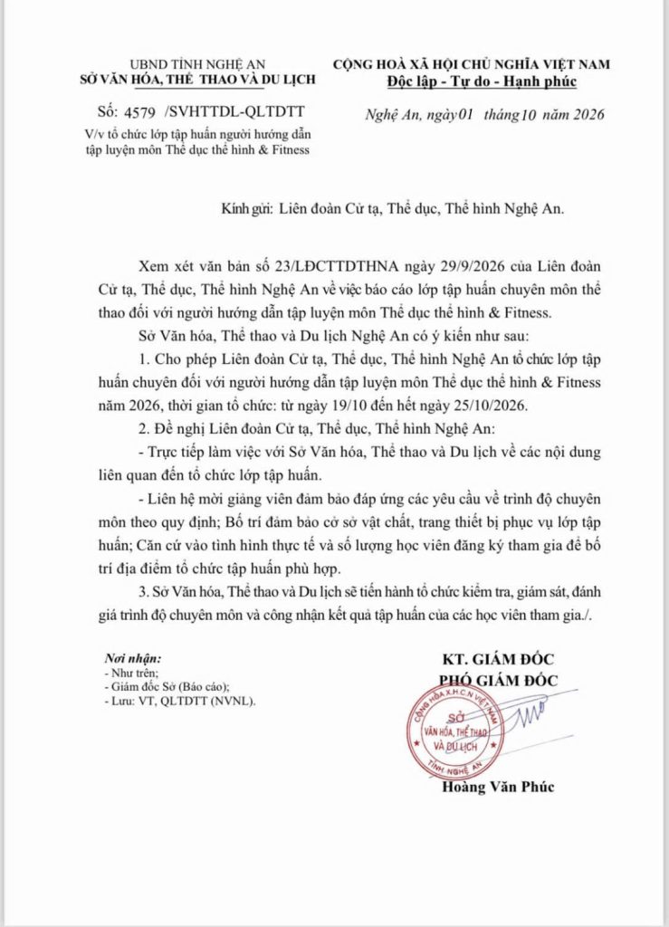 Văn bản 4579/SVHTTDL-QLTDTT ngày 01/10/2026 của Sở Văn hóa, Thể thao và Du lịch Nghệ An